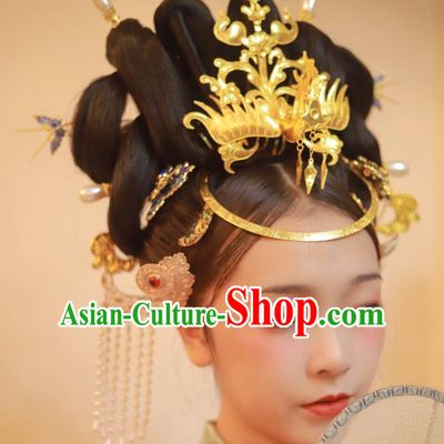 Chinese Classical Ancient Bride Wedding Phoenix Hairpins Women Hanfu Hair Accessories Handmade Tang Dynasty Court Golden Hair Crown Full Set