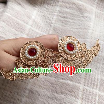 Chinese Classical Ancient Empress Pearls Hairpins Women Hanfu Hair Accessories Handmade Tang Dynasty Court Golden Hair Clip