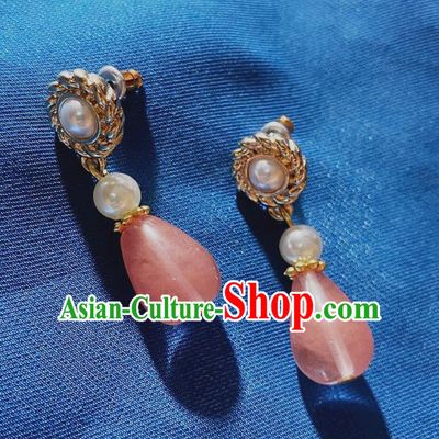 Handmade Chinese Classical Court Eardrop Cheongsam Ear Accessories Ancient Hanfu Pink Stone Earrings