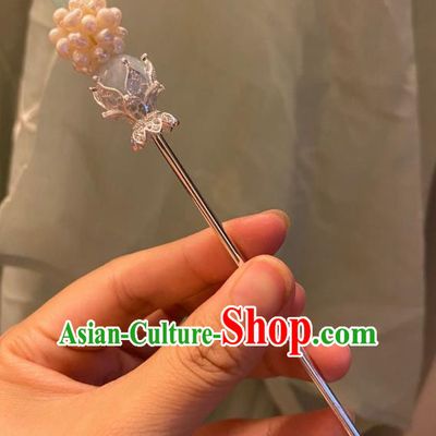 Chinese Ancient Court Empress Pearls Hairpin Handmade Hanfu Hair Accessories Argent Hair Clip