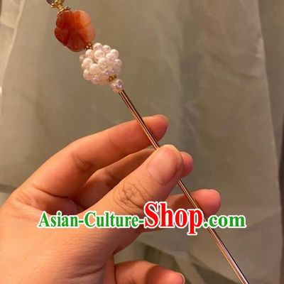 Chinese Ancient Court Empress Pearls Hairpin Handmade Hanfu Hair Accessories Agate Hair Clip