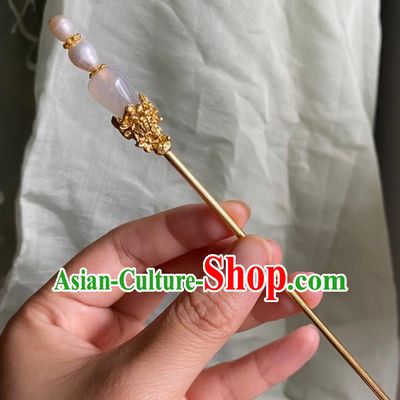 Chinese Ancient Court Empress Pink Chalcedony Hairpin Handmade Hanfu Hair Accessories Pearls Golden Hair Clip