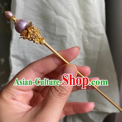 Chinese Ancient Court Golden Hairpin Handmade Hanfu Hair Accessories Qing Dynasty Pink Pearls Hair Clip