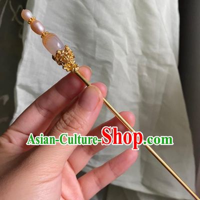 Chinese Ancient Court Empress Pink Pearls Hairpin Handmade Hanfu Hair Accessories Qing Dynasty Chalcedony Hair Clip