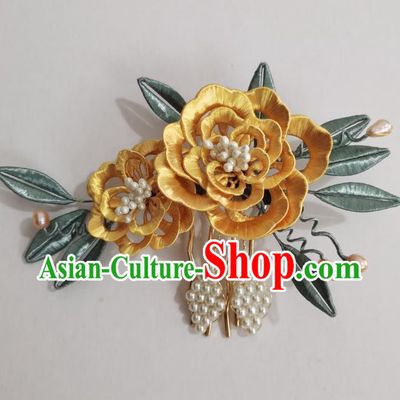 Chinese Classical Ancient Princess Golden Silk Peony Hair Comb Women Hanfu Hair Accessories Handmade Qing Dynasty Pearls Hairpin