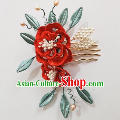 Chinese Classical Ancient Princess Red Silk Peony Hair Comb Women Hanfu Hair Accessories Handmade Qing Dynasty Pearls Hairpin