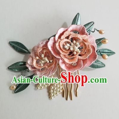 Chinese Classical Ancient Princess Pink Silk Peony Hair Comb Women Hanfu Hair Accessories Handmade Qing Dynasty Pearls Hairpin