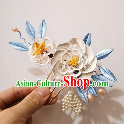 Chinese Classical Ancient Princess White Silk Peony Hair Comb Women Hanfu Hair Accessories Handmade Qing Dynasty Pearls Hairpin