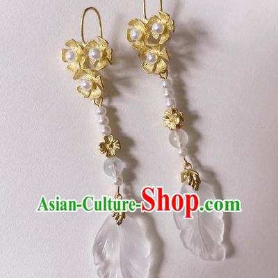 Handmade Chinese Classical Golden Eardrop Cheongsam Pearls Ear Accessories Ancient Hanfu White Leaf Earrings
