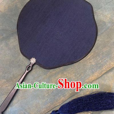Chinese Classical Navy Silk Fans Hanfu Princess Wedding Fan Ancient Song Dynasty Wood Handle Palace Fans