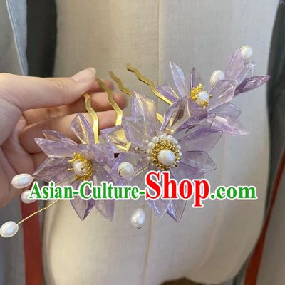 Chinese Classical Ming Dynasty Purple Lotus Hair Comb Women Hanfu Hair Accessories Handmade Ancient Princess Pearls Hairpin