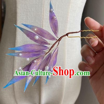 Chinese Ancient Court Purple Bamboo Leaf Hairpin Hanfu Hair Accessories Handmade Hair Clip