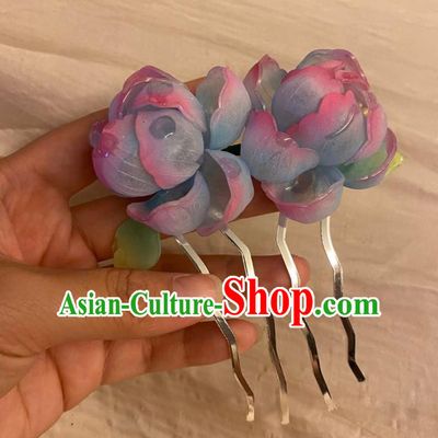 Chinese Ancient Palace Lady Blue Flowers Hairpin Hanfu Hair Accessories Handmade Hair Comb