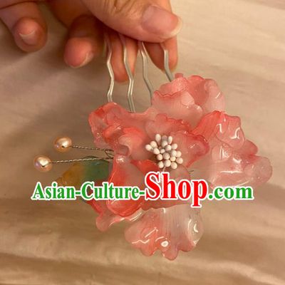 Chinese Ancient Palace Lady Pink Peony Hairpin Hanfu Hair Accessories Handmade Pearl Hair Comb