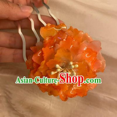 Chinese Ancient Palace Lady Flowers Hairpin Hanfu Hair Accessories Handmade Orange Peony Hair Comb
