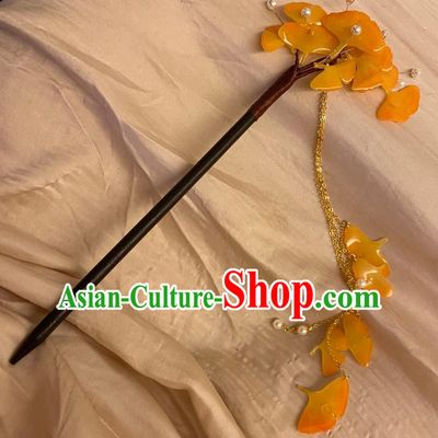 Chinese Ancient Palace Lady Ginkgo Leaf Hairpin Hanfu Hair Accessories Handmade Ebony Wood Tassel Hair Clip