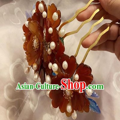 Chinese Classical Agate Peony Hair Comb Handmade Ancient Song Dynasty Pearls Hairpin Women Hanfu Hair Accessories