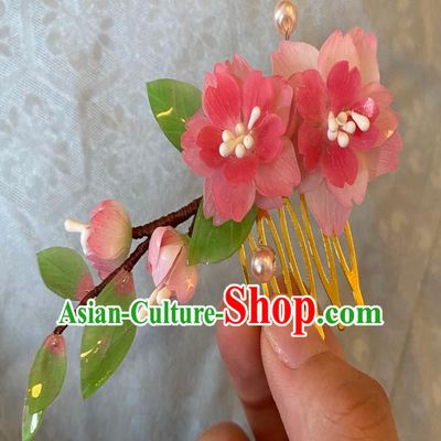 Chinese Women Classical Pink Flowers Hair Comb Handmade Ancient Princess Hanfu Hair Accessories Hairpin