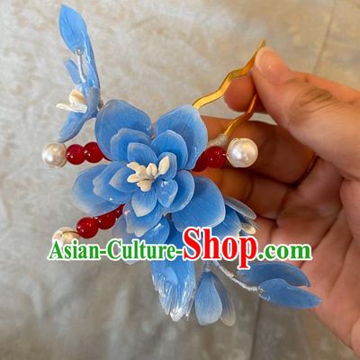 Chinese Women Classical Blue Flower Hair Clip Handmade Ancient Princess Hanfu Hair Accessories Red Beads Hairpin