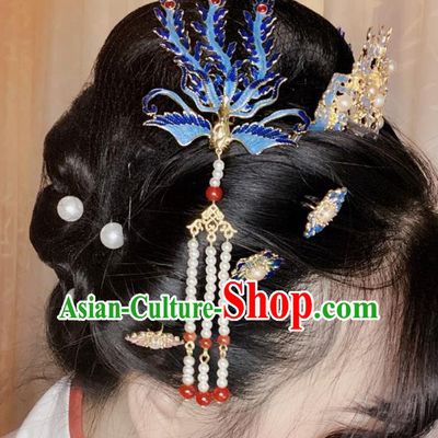 Chinese Classical Ancient Ming Dynasty Tassel Hairpins Women Hanfu Hair Accessories Handmade Court Blueing Phoenix Hair Clip