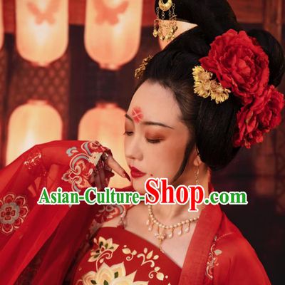 Chinese Women Classical Tang Dynasty Red Peony Hairpin Handmade Ancient Princess Hanfu Hair Accessories Hair Clips Complete Set