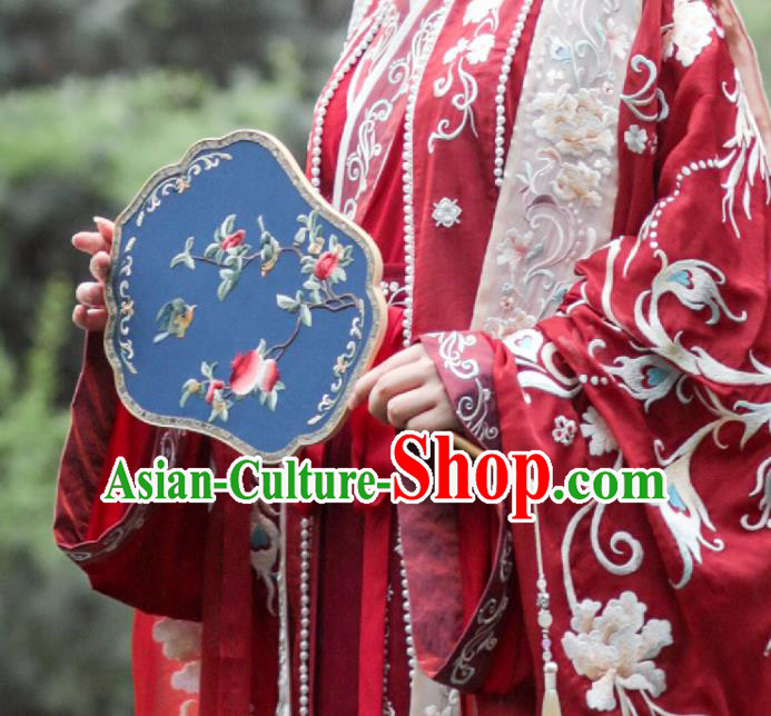 Chinese Classical Blue Silk Fan Ancient Song Dynasty Empress Embroidered Palace Fans Chinese Classical Blue Silk Fan Ancient Song Dynasty Empress Embroidered Palace Fans