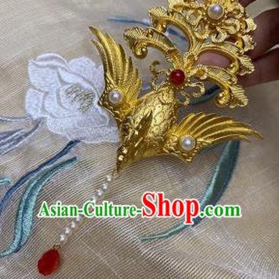 Chinese Song Dynasty Queen Golden Phoenix Hairpin Handmade Ancient Empress Hanfu Hair Accessories Court Women Pearls Tassel Hair Clip