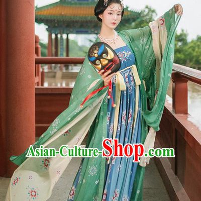 Chinese Ancient Imperial Concubine Hanfu Dress Traditional Apparels Costumes Tang Dynasty Court Lady Garment Green Cloak and Blue Dress