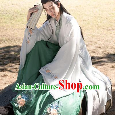 Chinese Ancient Prince Hanfu Apparels Traditional Costumes Han Dynasty Scholar Garment Embroidered Cloak Shirt and Skirt Complete Set