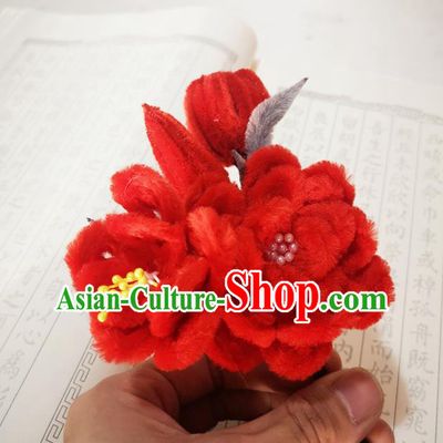 Chinese Ancient Princess Red Velvet Flowers Hairpins Hair Accessories Handmade Qing Dynasty Palace Lady Camellia Hair Stick