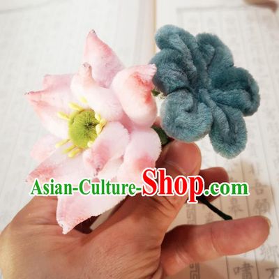 Chinese Ancient Princess Pink Velvet Lotus Hairpins Hair Accessories Handmade Qing Dynasty Court Hair Stick