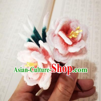 Chinese Ancient Princess Velvet Flowers Hairpins Hair Accessories Handmade Qing Dynasty Court Pink Peach Blossom Hair Stick