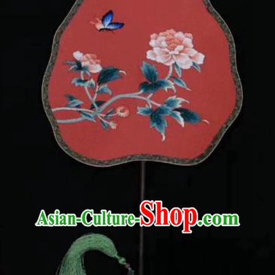 Chinese Classical Ancient Hanfu Red Peach Shape Silk Fan Ming Dynasty Princess Embroidered Peony Butterfly Palace Fans
