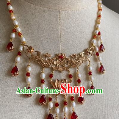 Chinese Handmade Red Crystal Pearls Tassel Necklet Classical Jewelry Accessories Ancient Hanfu Golden Lotus Phoenix Necklace for Women