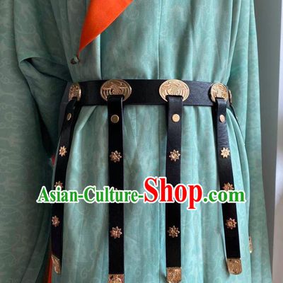 Chinese Classical Ancient Hanfu Black Leather Tassel Belt Ming Dynasty Imperial Guard Waistband Accessories