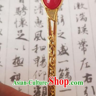 Chinese Ancient Empress Red Hairpins Hair Accessories Handmade Ming Dynasty Court Golden Hair Stick