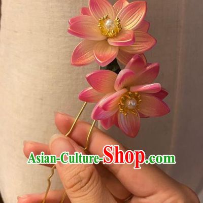 Chinese Ancient Princess Golden Hairpin Hanfu Hair Accessories Women Handmade Pink Lotus Hair Clip