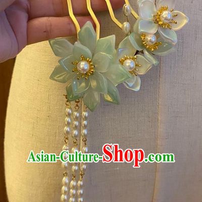Chinese Ancient Princess Green Lotus Hairpin Hanfu Hair Accessories Women Handmade Pearls Tassel Hair Comb