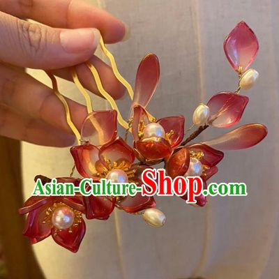 Chinese Ancient Princess Red Sakura Hairpin Hanfu Hair Accessories Women Handmade Flowers Hair Comb