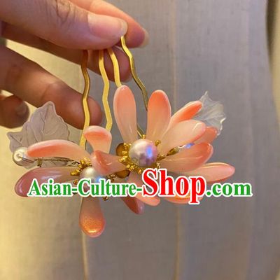 Chinese Ancient Princess Hairpin Hanfu Hair Accessories Women Handmade Pink Chrysanthemum Hair Comb