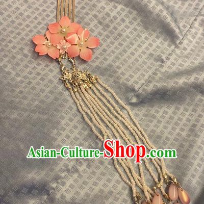 Chinese Ancient Princess Pink Sakura Hairpins Hair Accessories Women Handmade Hanfu Beads Tassel Hair Comb