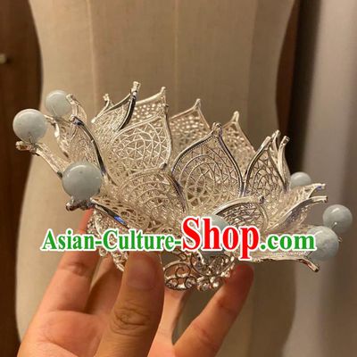 Chinese Ancient Princess Blue Stone Hairpins Hair Accessories Women Handmade Hanfu Tang Dynasty Argent Lotus Hair Crown