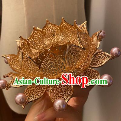 Chinese Ancient Princess Golden Lotus Hairpins Hair Accessories Women Handmade Hanfu Tang Dynasty Pink Beads Hair Crown