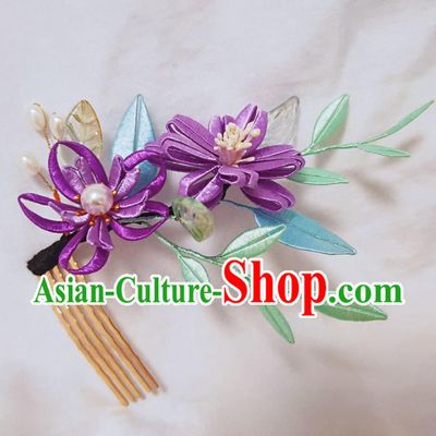 Chinese Ancient Princess Flowers Hairpins Hair Accessories Handmade Hanfu Purple Silk Epiphyllum Hair Comb