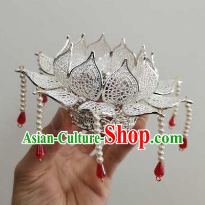 Chinese Ancient Princess Hairpins Hair Accessories Handmade Hanfu Tang Dynasty Imperial Concubine Argent Lotus Hair Crown