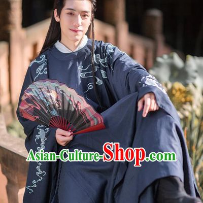 Chinese Ancient Scholar Hanfu Apparels Traditional Costumes Ming Dynasty Noble Prince Garment Embroidered Navy Blue Robe