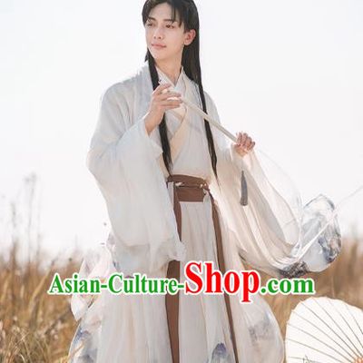 Chinese Ancient Swordsman Hanfu Apparels Traditional Costumes Jin Dynasty Prince Garment Cape Shirt and Skirt for Men