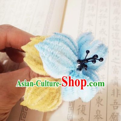 Chinese Ancient Princess Blue Velvet Flowers Hairpins Hair Accessories Handmade Qing Dynasty Palace Lady Hair Stick