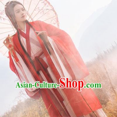 Chinese Ancient Swordswoman Hanfu Apparels Traditional Costumes Jin Dynasty Female Knight Red Dress Garment