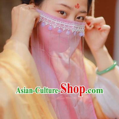 Chinese Classical Ancient Palace Lady Face Veil Hanfu Wigs Tang Dynasty Imperial Concubine Pink Chiffon Veil Mask Accessories